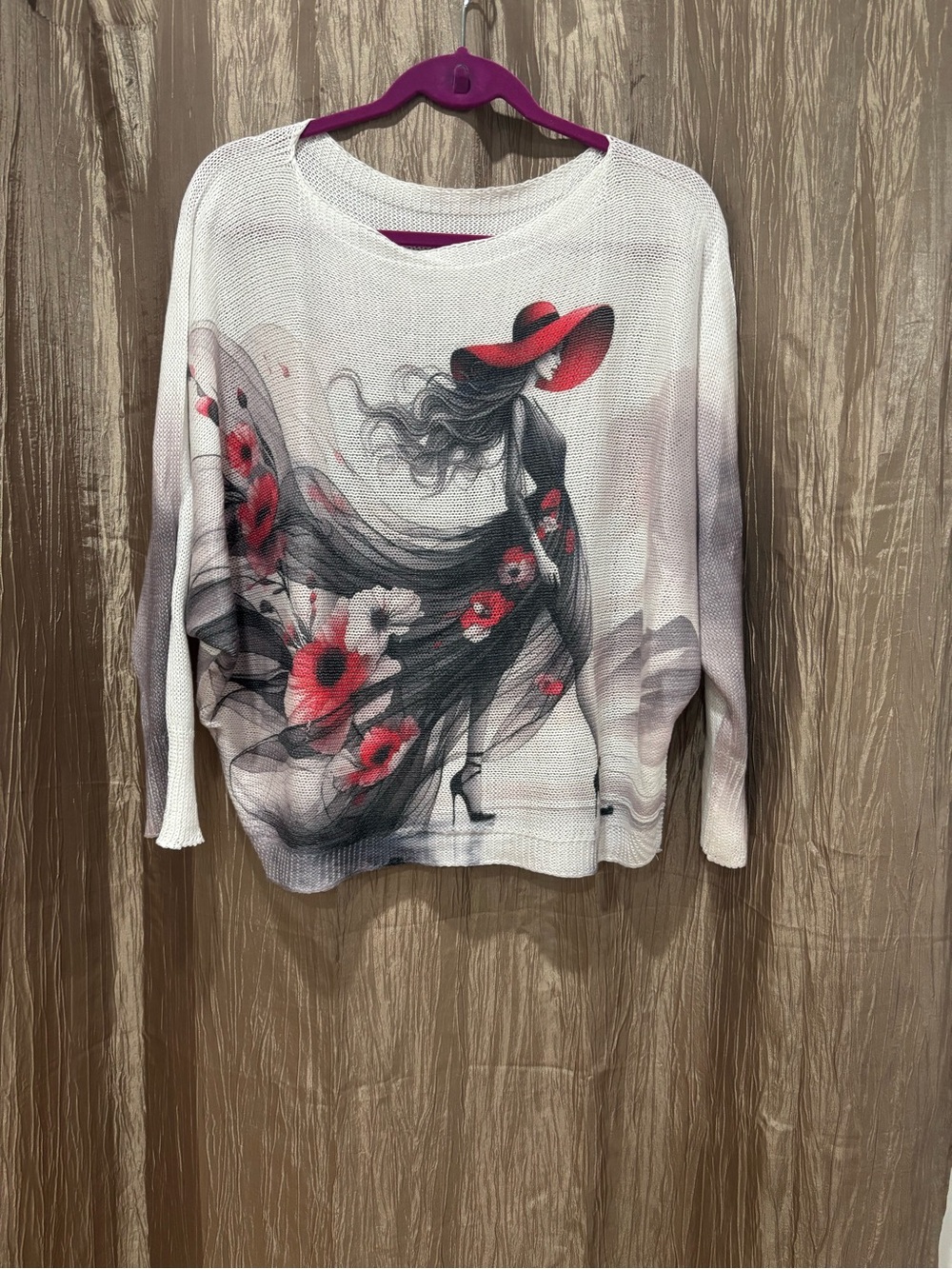 Unique Artistic White Sweater with Black & Red Floral Lady Graphic